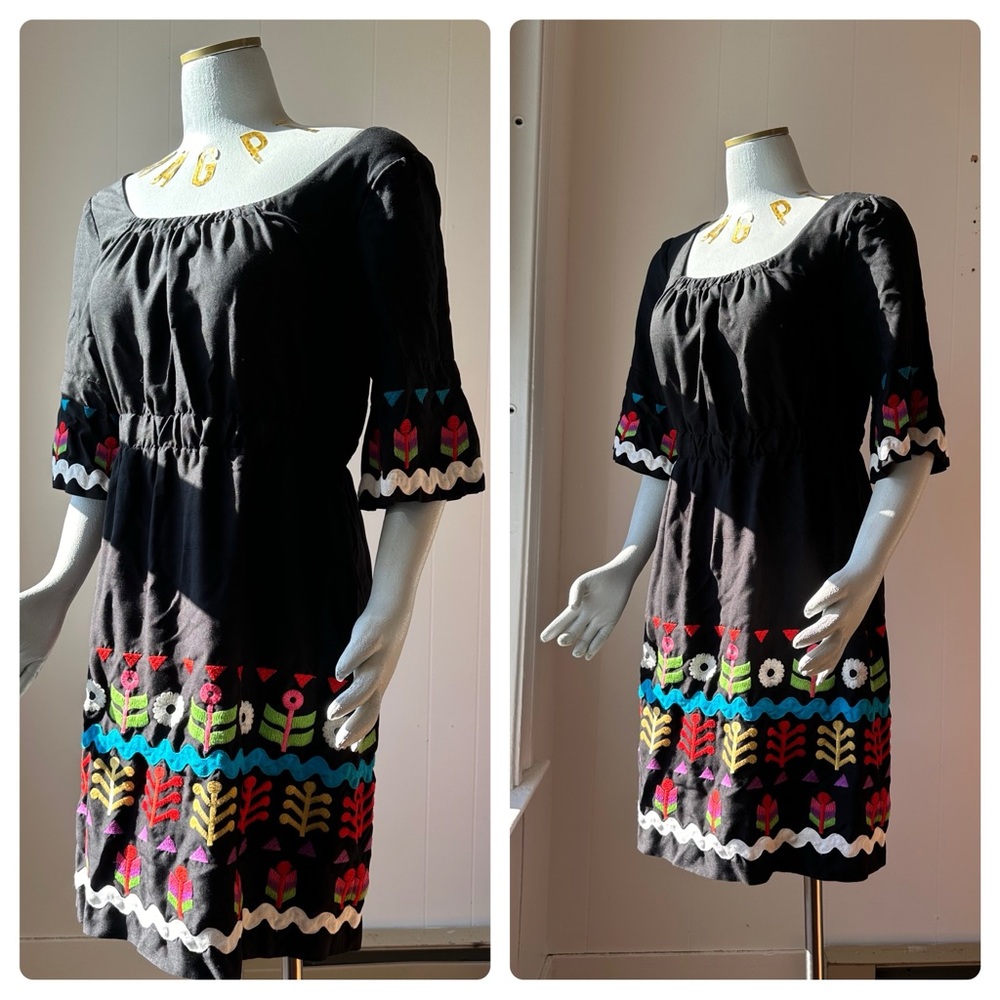 PHOEBE COUTURE Silk Floral Embroidered Dress, Bell Sleeve, Full Skirt - Picture 2 of 16